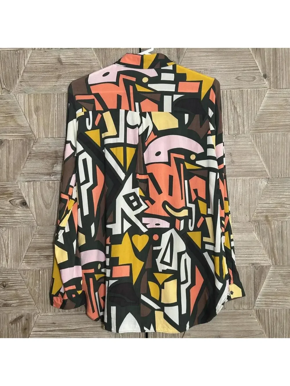 Big Dart Abstract Geometric Print Button-Up Blouse Size 10 Colorful Art-to-Wear
